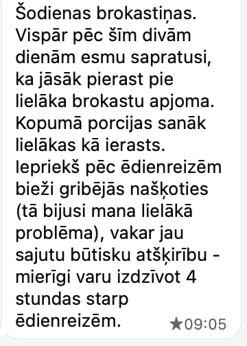 Klientes ziņa par sāta sajūtu starp ēdienreizēm
