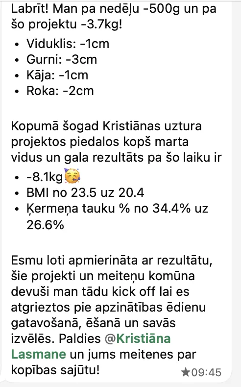 Klientes ziņa ar rezultātiem: mīnus 8,1 kilograms un izmaiņas ķermeņa sastāvā