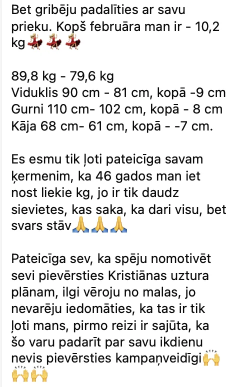Klientes ziņa par svara izmaiņām no 89,8 līdz 79,6 kilogramiem